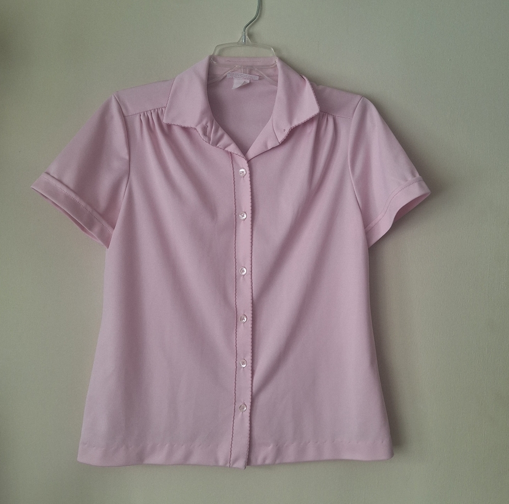 Dacron Polyester Vintage Light Pink Button-Up Blouse Grandma Shirt LeeMar Knit